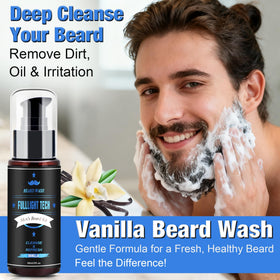 Vanilla beard oil bottle for nourishing fragrance and manageability.