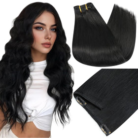 Full Shine jet black clip-in extensions on display for instant length.