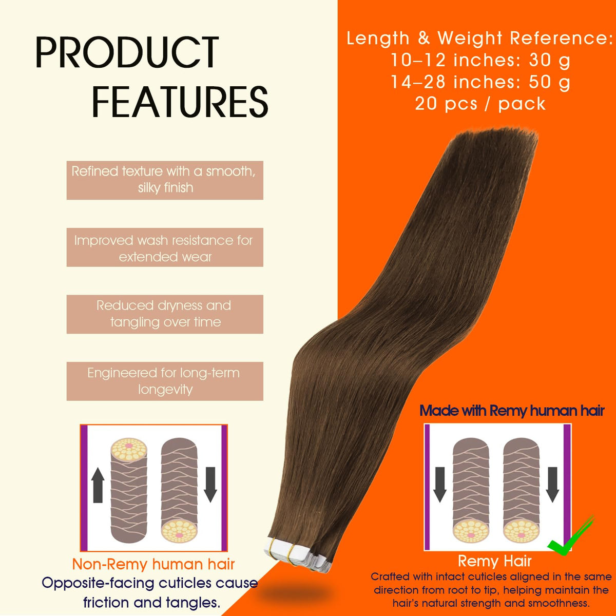 Remy hair skin-weft tape-in extension showing secure adhesion and light feel.