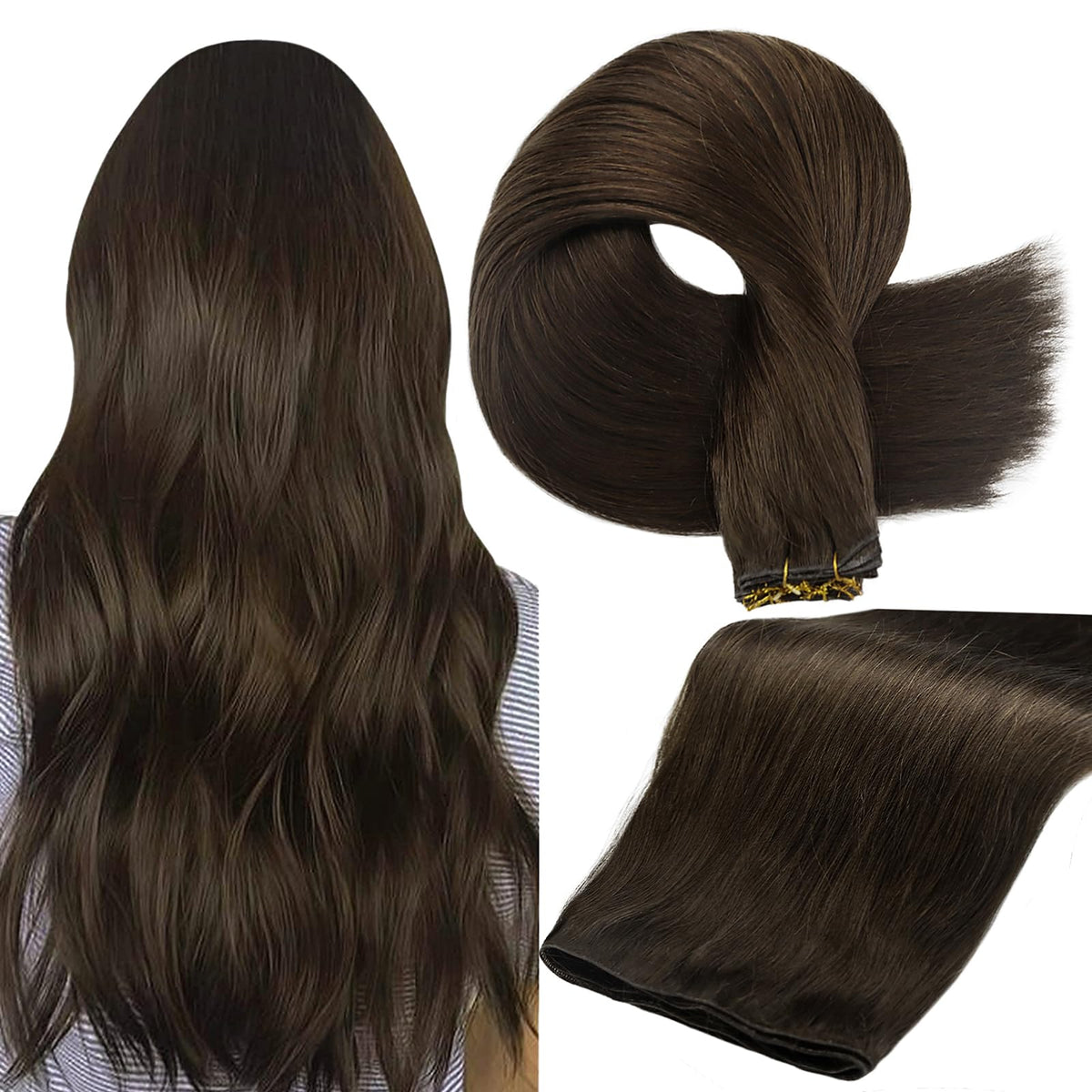 Full Shine sew-in hand-tied weft extensions in dark brown blends naturally for daily use.