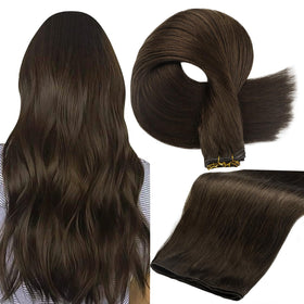 Full Shine sew-in hand-tied weft extensions in dark brown blends naturally for daily use.