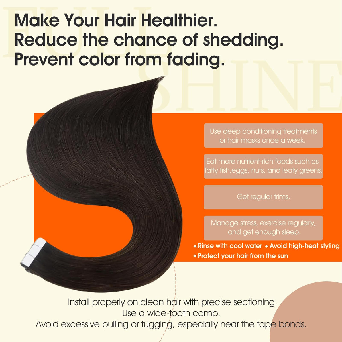 Full Shine tape-in extensions color two dark brown for natural color match.