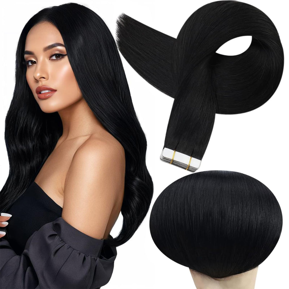 Full Shine tape-in extensions jet black 10 inch package enhance natural length with seamless blend.