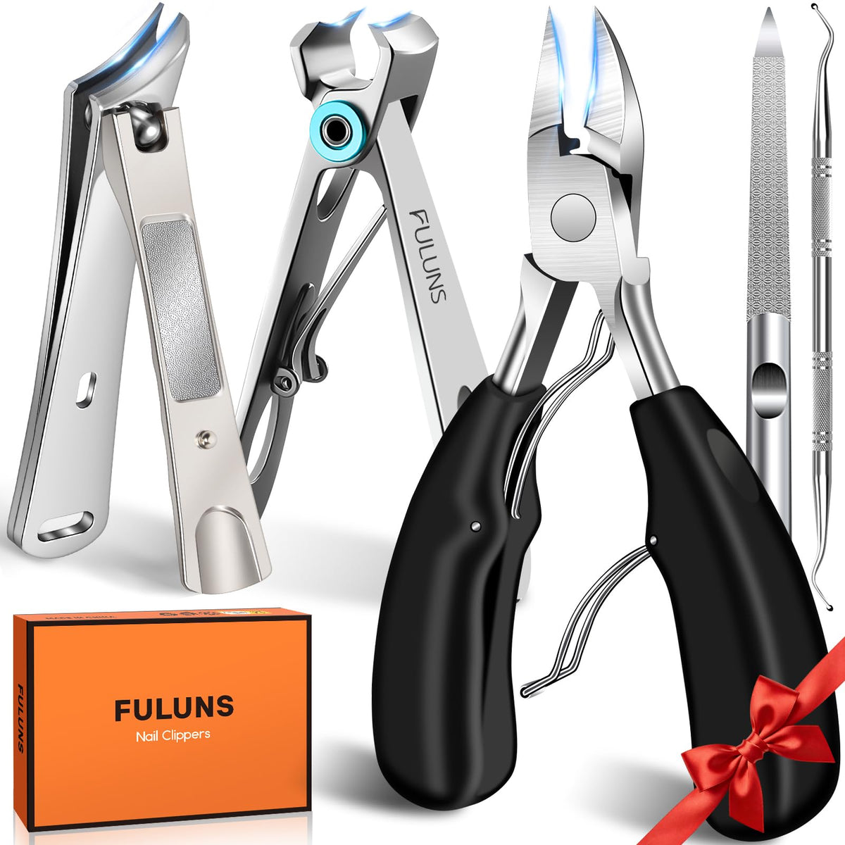Fuluns 5-in-1 toenail clippers set with podiatrist-style large clipper for thick nails