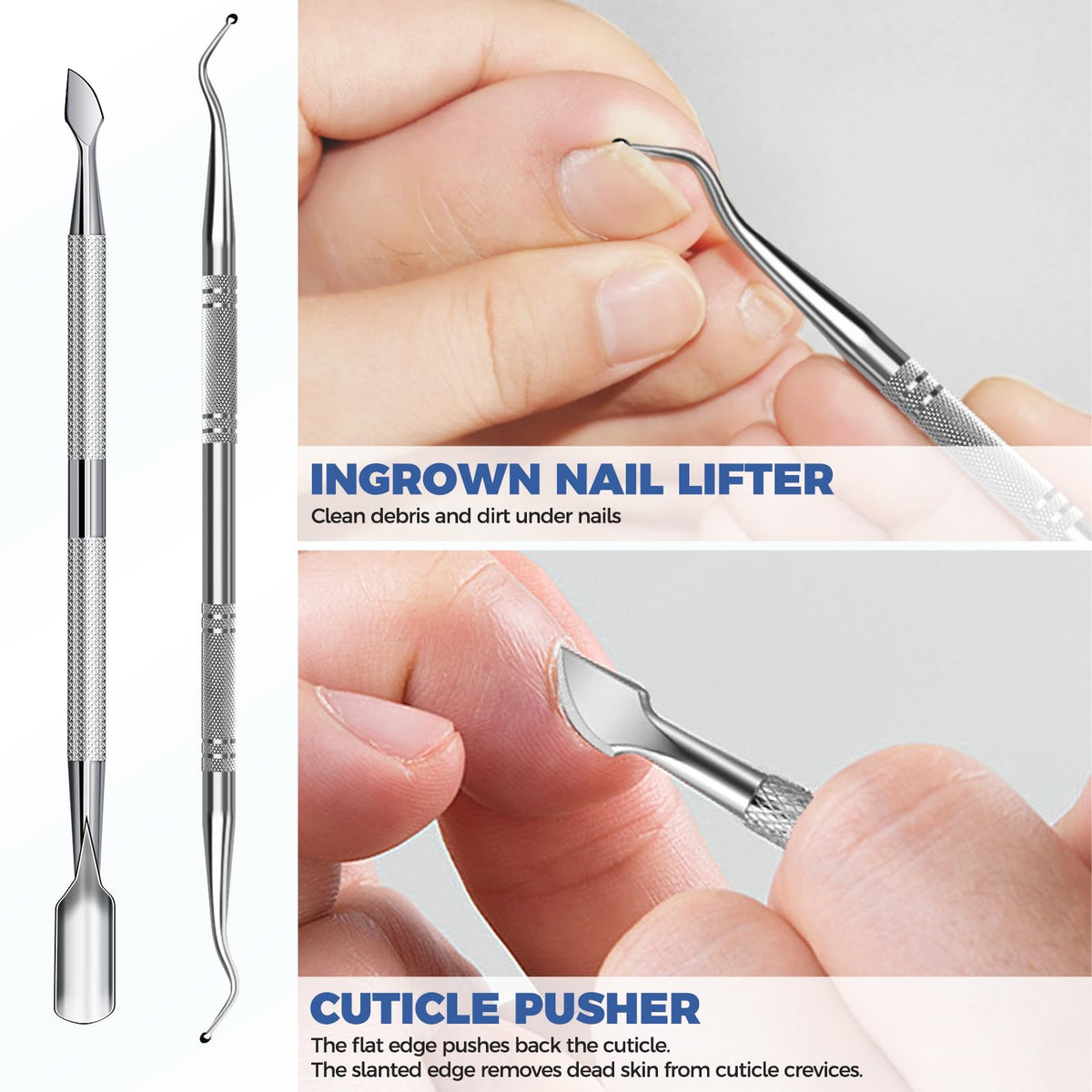 FUMAX cuticle pusher for prep and safe clipping.