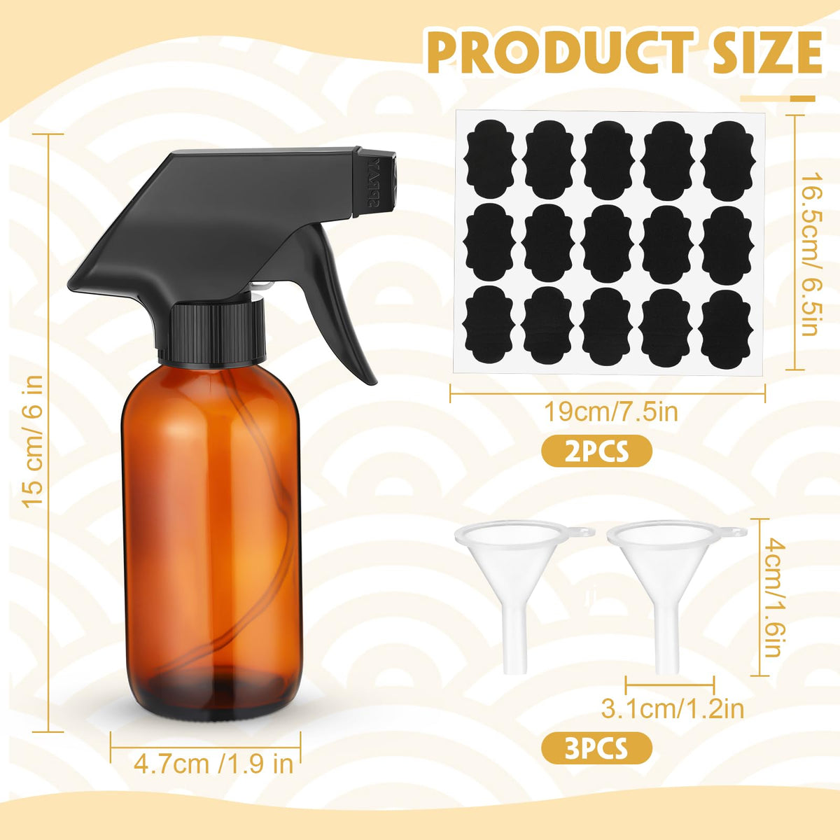 Fumete amber spray bottle 4oz side view with clear body for capacity check