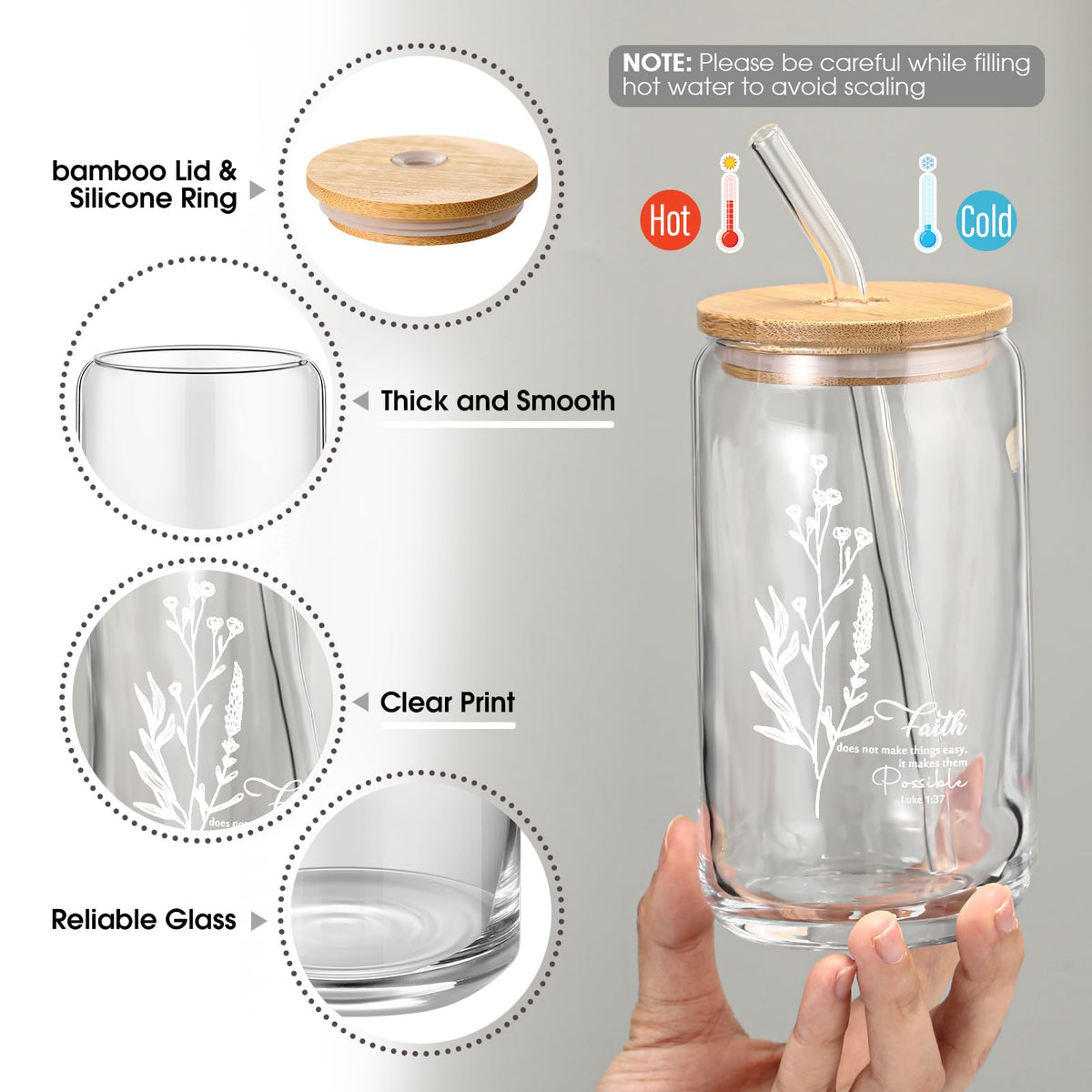 Fumete Christian glass cup with bamboo lid for stylish hydration