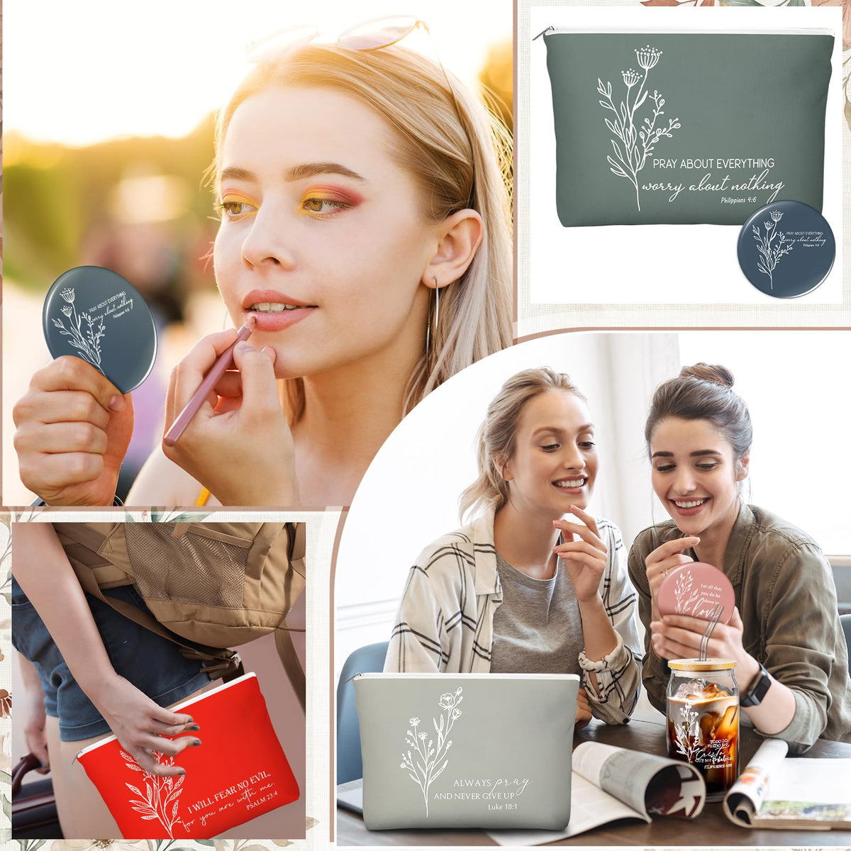Fumete compact mirror with rose motif and scripture quotes.