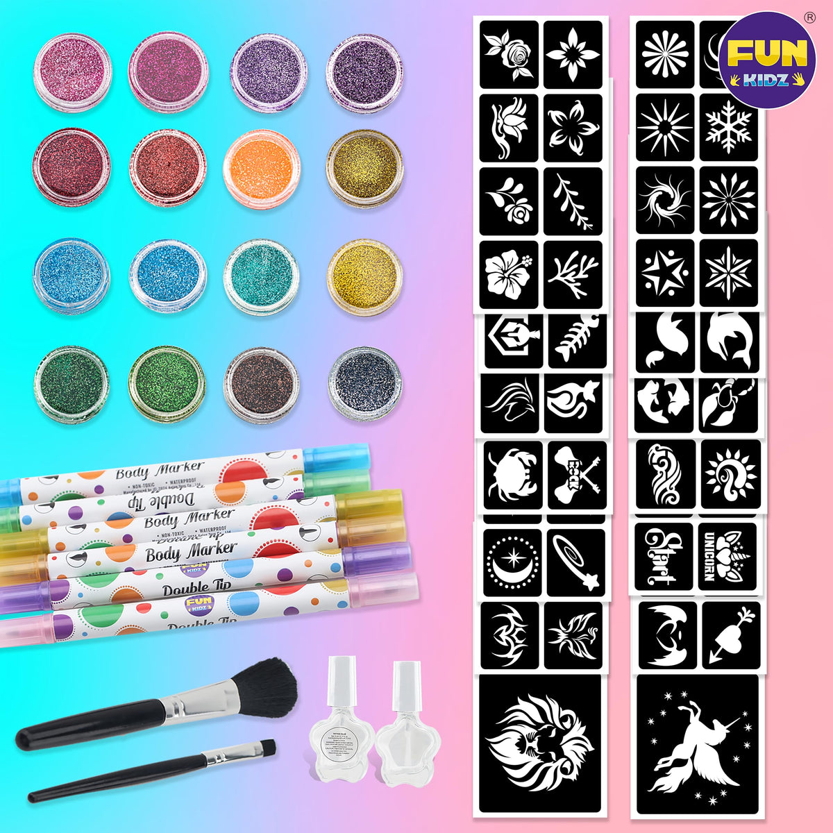 FunKidz kids selecting stencil for versatile body art and crafts.