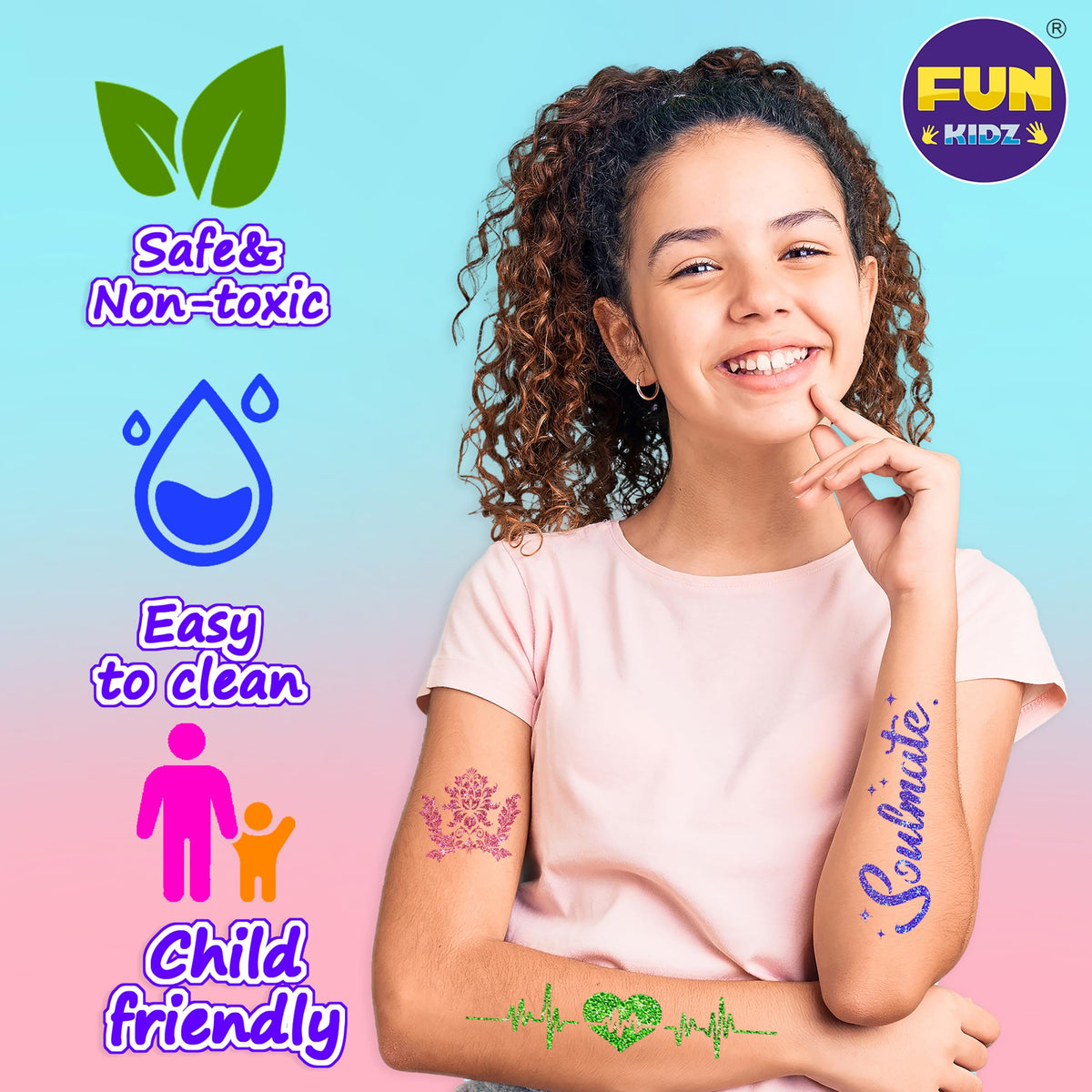 FunKidz tattoo kit carrying case keeps supplies neat for travel and sleepovers.