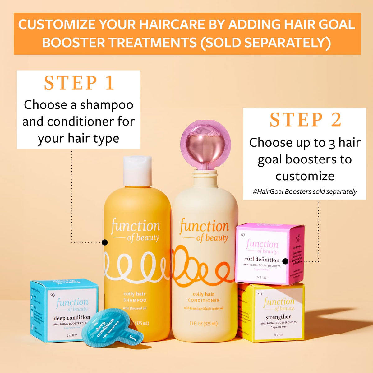 Function of Beauty Coily Conditioner in bathroom scene signals bounce and shine