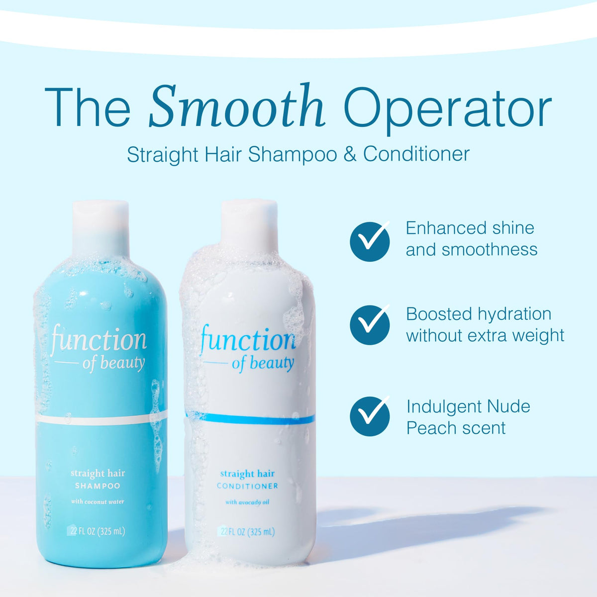 Function of Beauty straight conditioner bottle highlights moisture lock for glossy, smooth results.