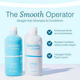 Function of Beauty straight conditioner bottle highlights moisture lock for glossy, smooth results.