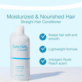 Function of Beauty Straight Hair Conditioner label highlighting vegan, sulfate-free, cruelty-free formula