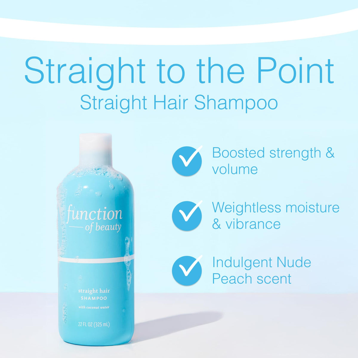 Function of Beauty Straight Shampoo label close-up highlights vegan, sulfate-free formula.