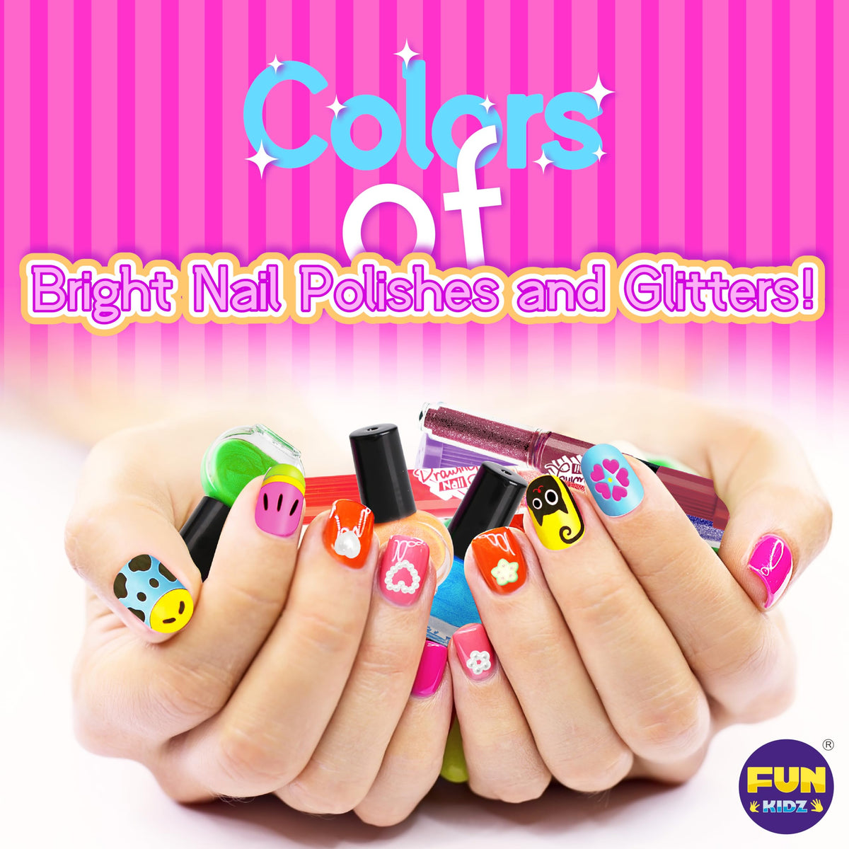 FUN KIDZ 3-in-1 nail pens close-up highlights brush, dotting, and nib features.