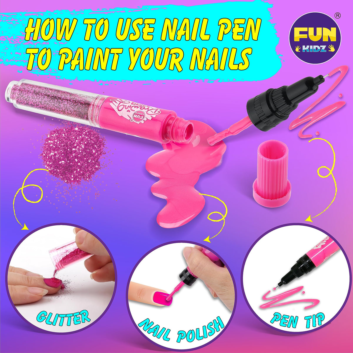 FUN KIDZ Nail Pens Kit close-up shows color palette for ideas