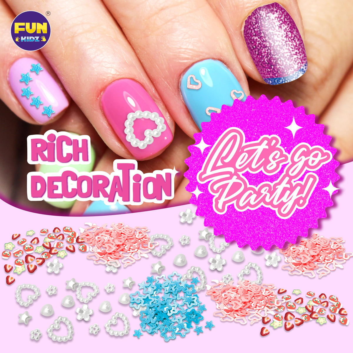FUN KIDZ glitter and decorations sparkle for quick, eye-catching nail art.