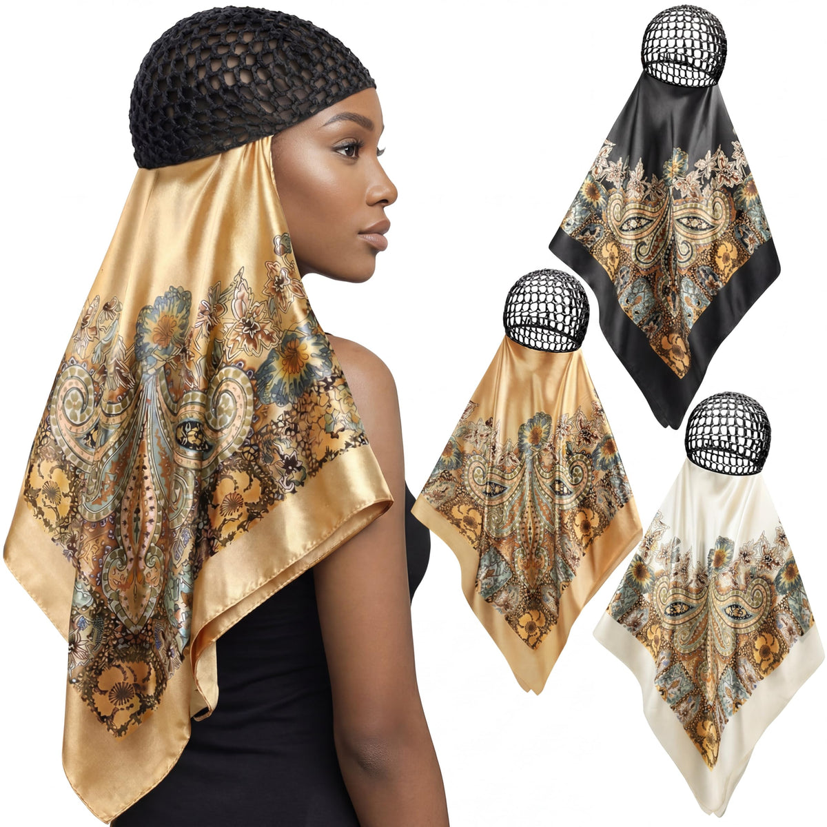 Funnysoft 3-pcs wrap hair net with scarf pack for daily styling and protection