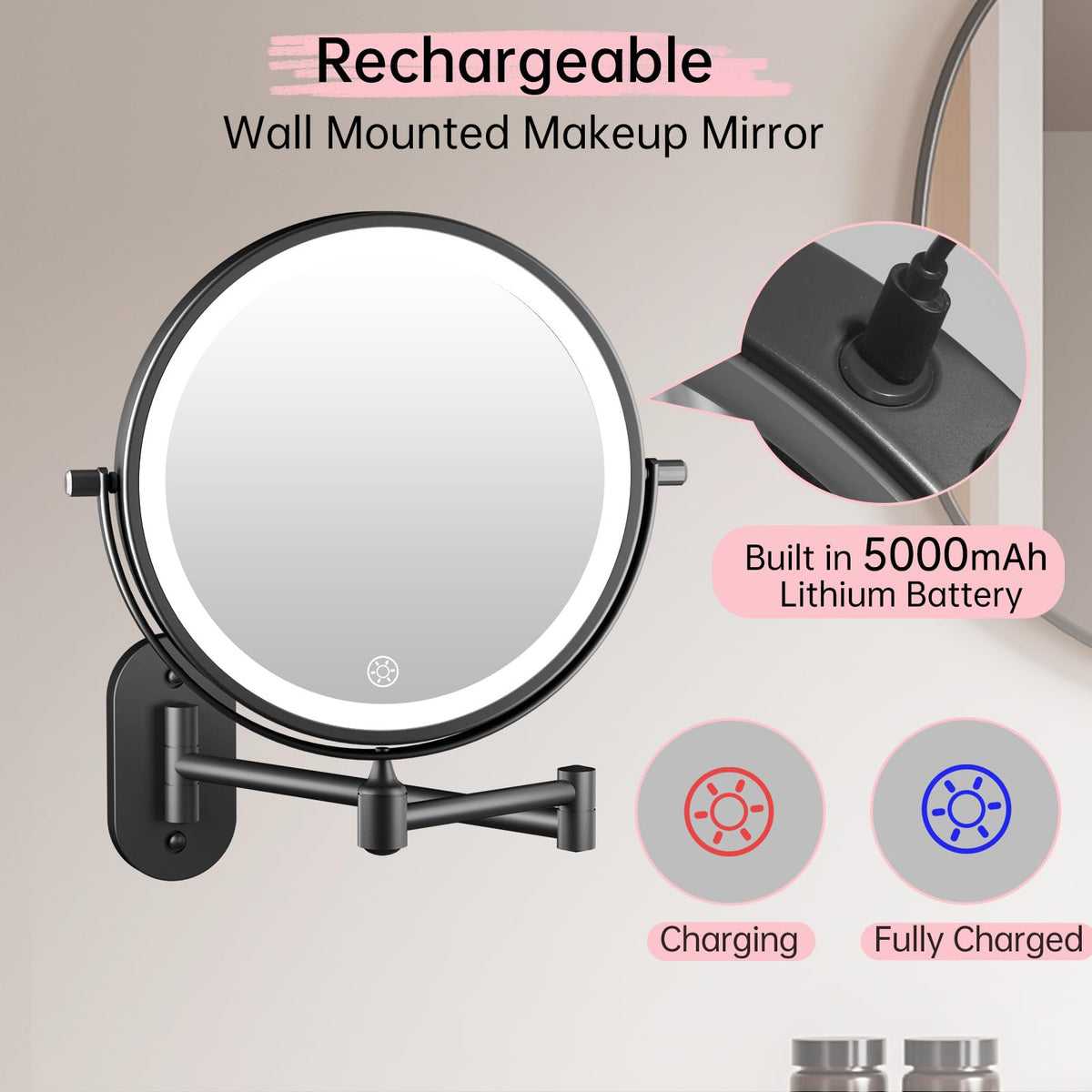 FUNTOUCH double-sided mirror provides 1X for overall makeup and 30X for precise detail.
