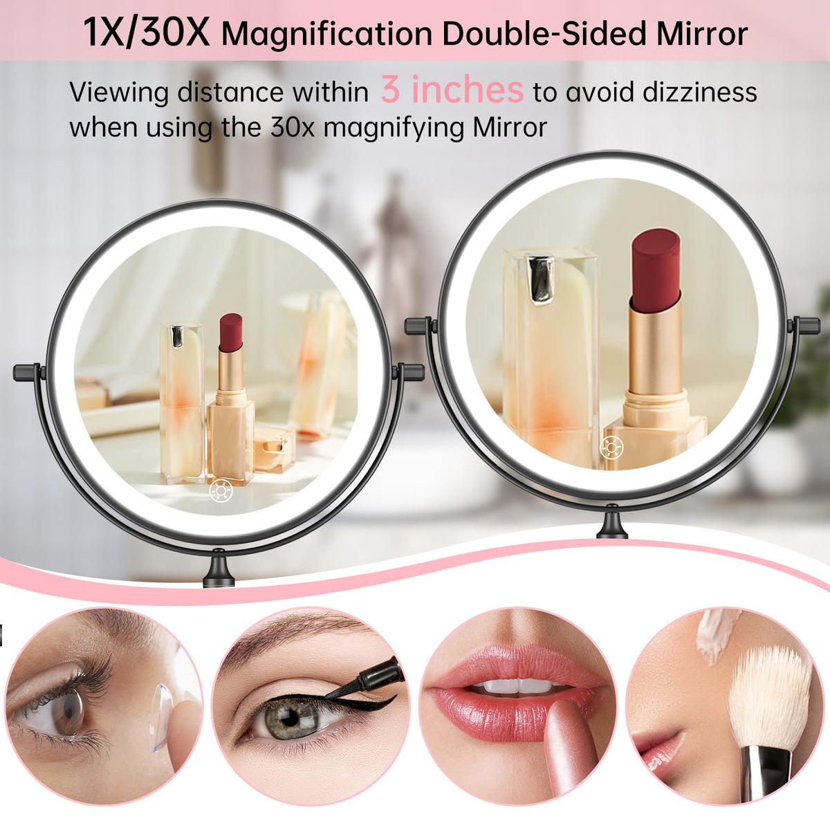 FUNTOUCH three-color lighting lets you preview makeup under white, warm, or cool tones.