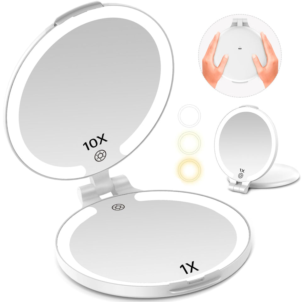FUNTOUCH travel mirror with double-sided 1X and 10X magnification for detailed checks