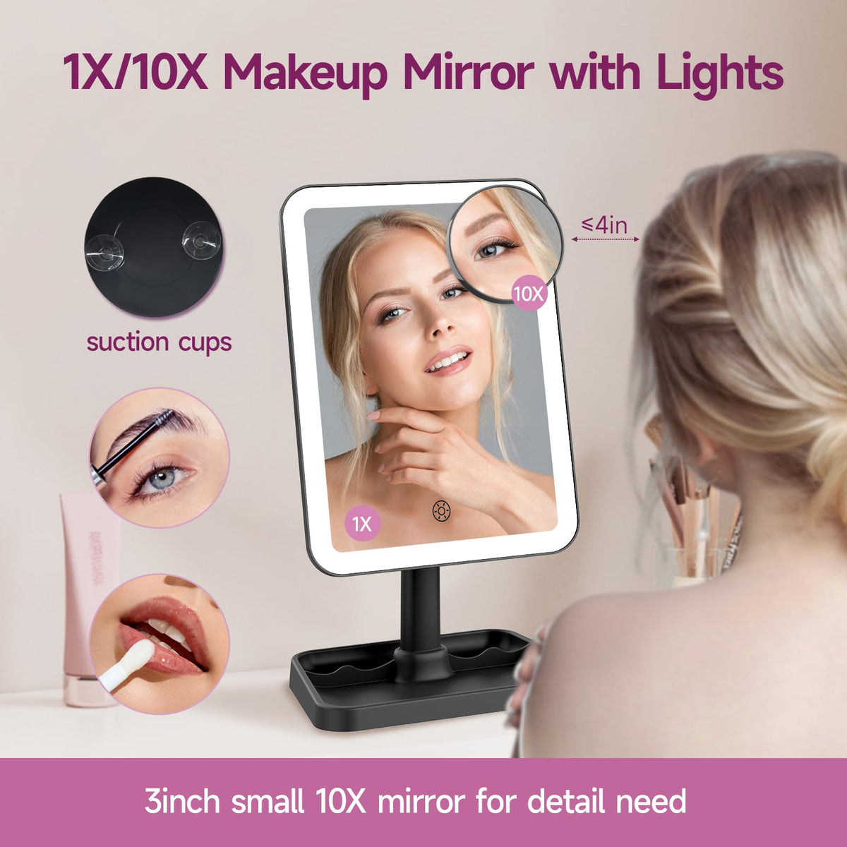 FUNTOUCH vanity mirror with 2000mAh battery enables cordless use.