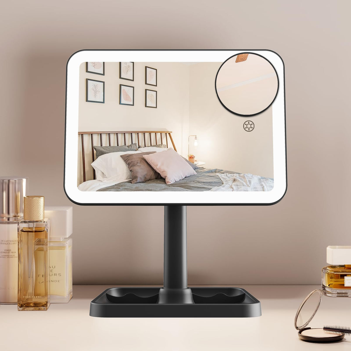 FUNTOUCH vanity mirror with 3-color lights for adjustable makeup illumination.