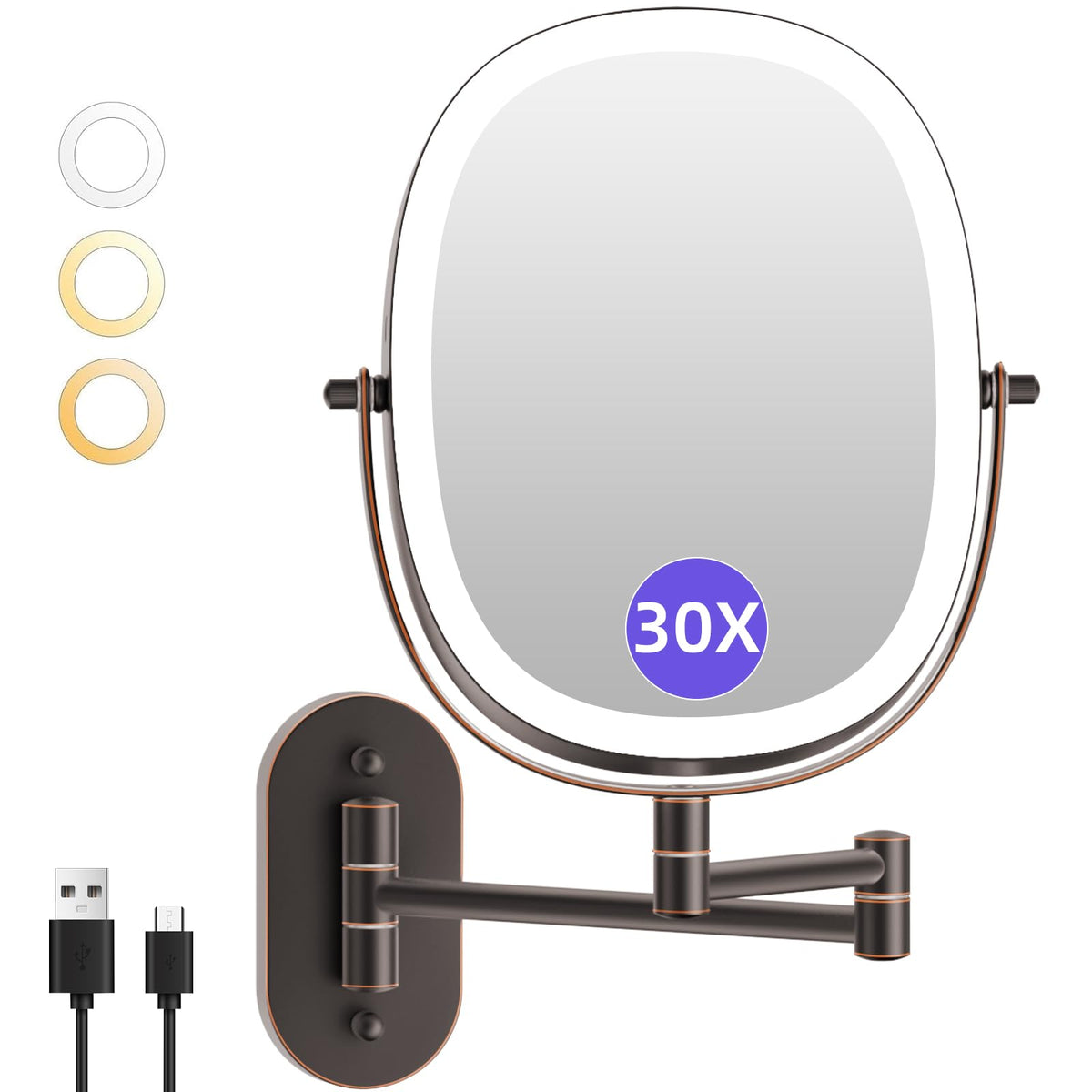 FUNTOUCH wall-mounted mirror showing 30x and 1x views for full-face makeup accuracy