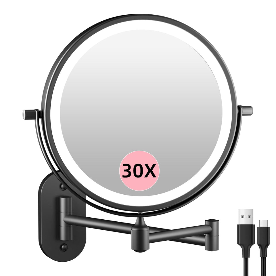 FUNTOUCH wall-mounted makeup mirror with extended arm for easy, adjustable positioning.