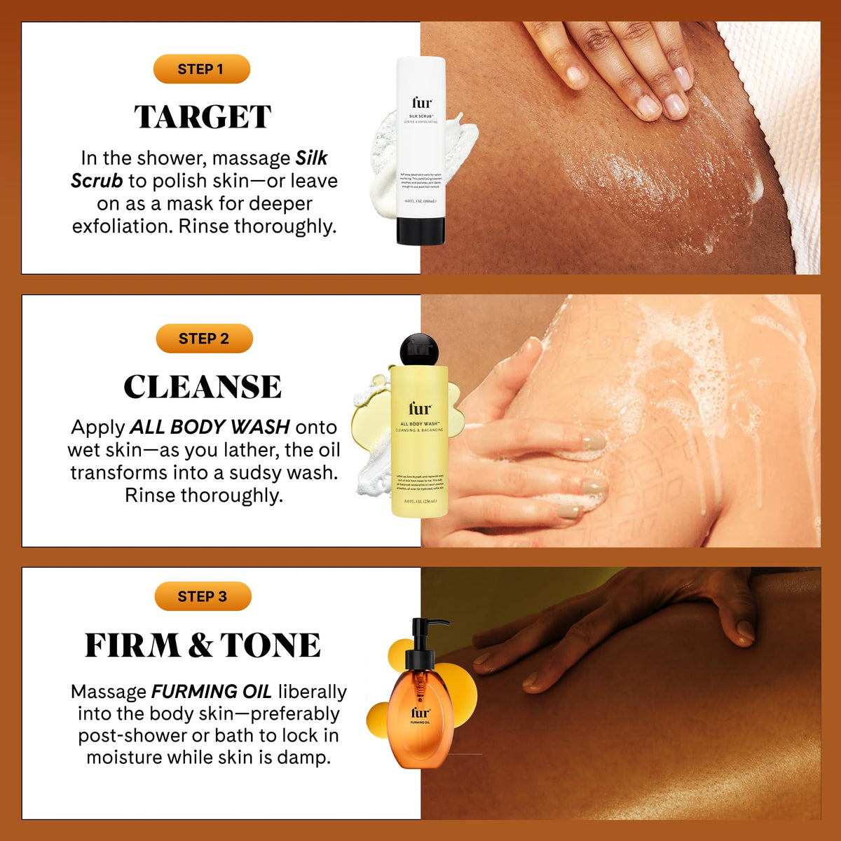 Front of Fur Furming Oil ingredients show bakuchiol, capsaicin, rosehip, sea buckthorn