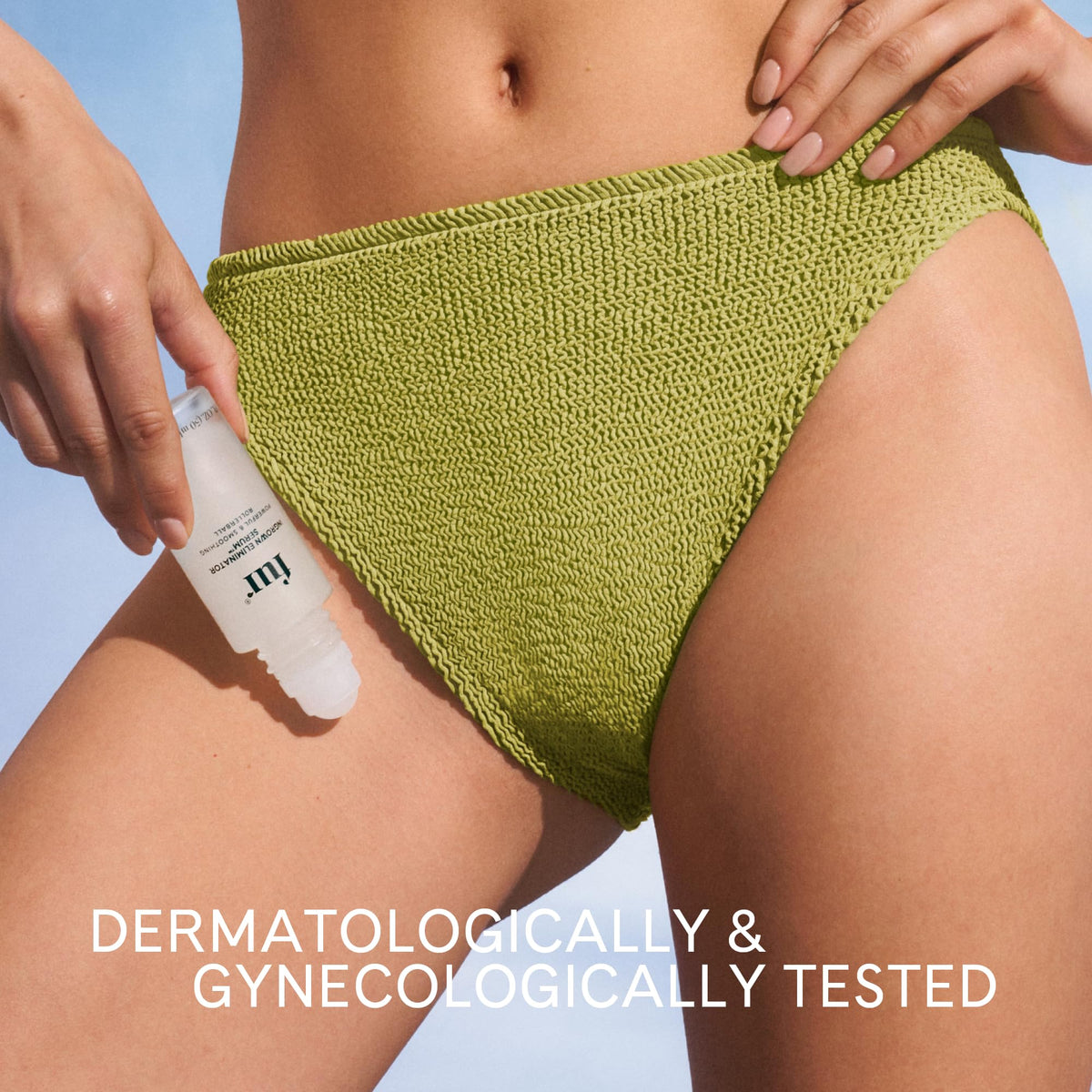 Fur Ingrown Eliminator Serum Rollerball post-removal area used on bikini or underarms for comfort.
