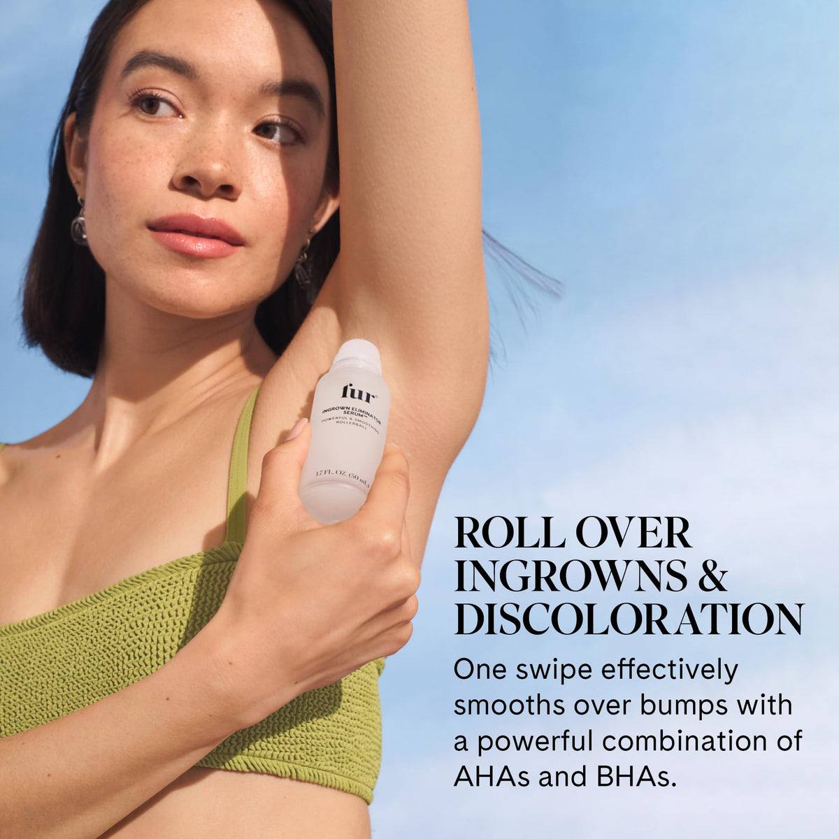 Fur Ingrown Eliminator Serum Rollerball roller-tip demonstrates targeted application to calm bumps.