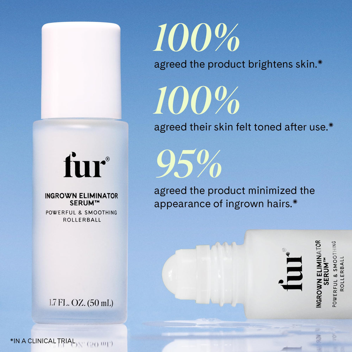 Fur Ingrown Eliminator Serum Rollerball close-up shows lightweight gel texture for quick absorption.