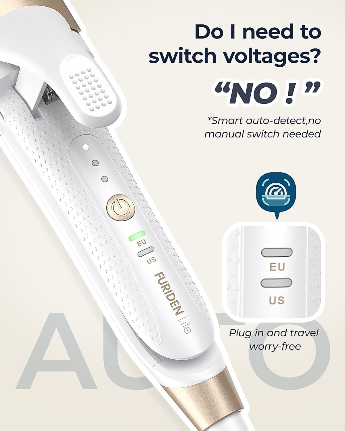 FURIDEN Lite travel-ready curling iron delivering loose waves during EU travel.