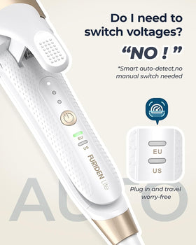 FURIDEN Lite travel-ready curling iron delivering loose waves during EU travel.