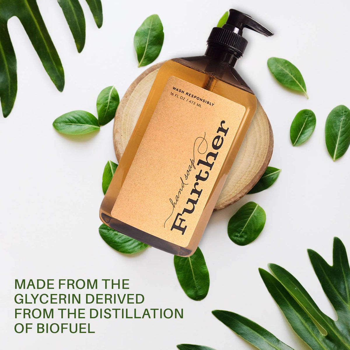 Further Glycerin Hand Soap label highlights biodegradable ingredients and cruelty-free promise.