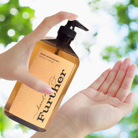 Further Glycerin Hand Soap pump demonstrates rich lather and bergamot-olive fragrance.
