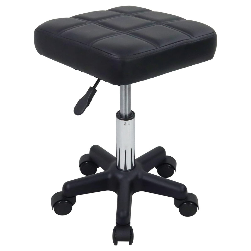 FURWOO square swivel stool with wheels — front view, compact base for small spa spaces