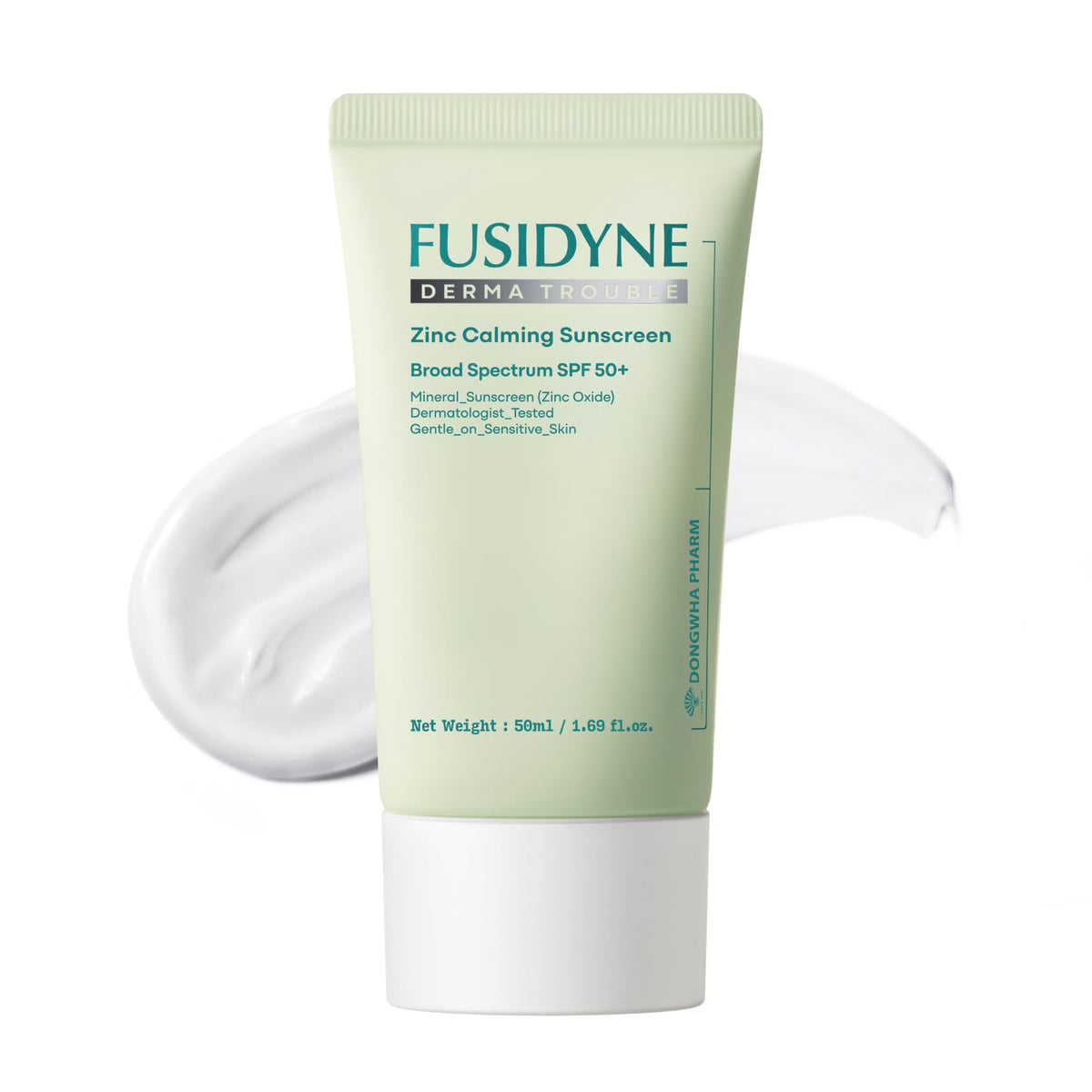 FUSIDYNE Derma Trouble Sunscreen tube front showing mineral SPF 50+ protection