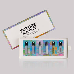 Future Society fragrance discovery set labels detail each scent's heritage and notes.