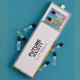 Future Society fragrance discovery set travel-size box ideal for on-the-go office wear.