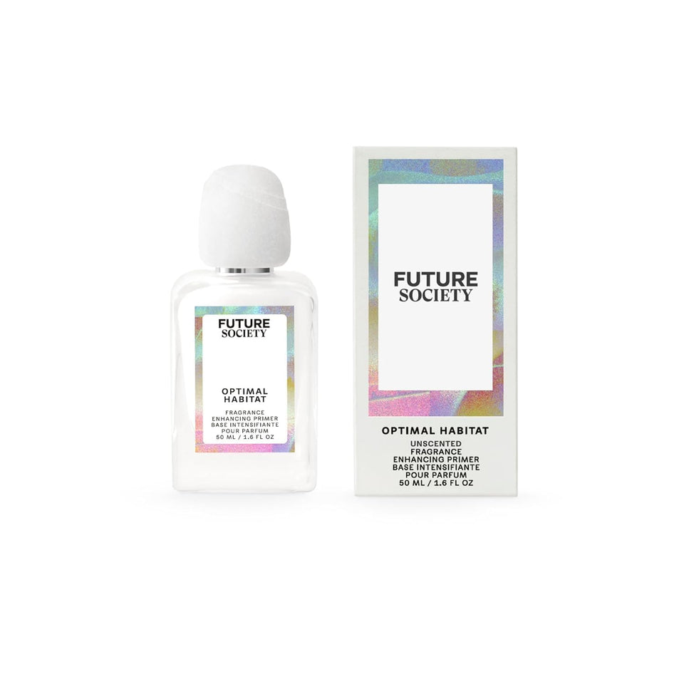 Future Society Optimal Habitat Primer bottle close-up, unscented formula for extended fragrance wear