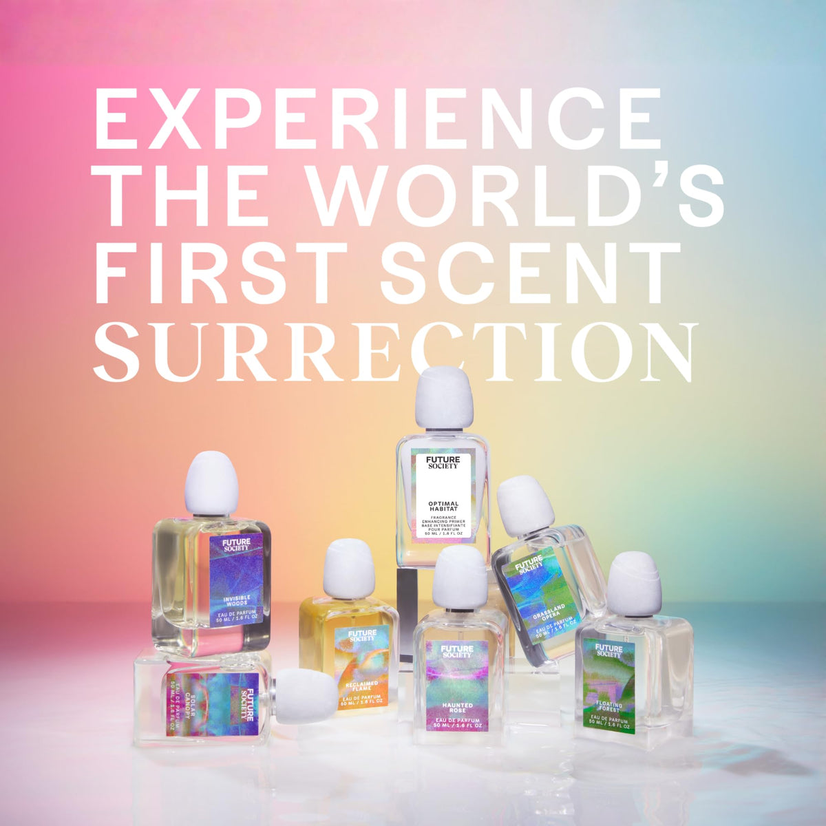 Future Society Optimal Habitat Primer gift-ready set beside fragrance collection