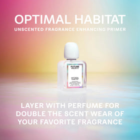 Future Society Optimal Habitat Primer with various perfume bottles highlighting compatibility