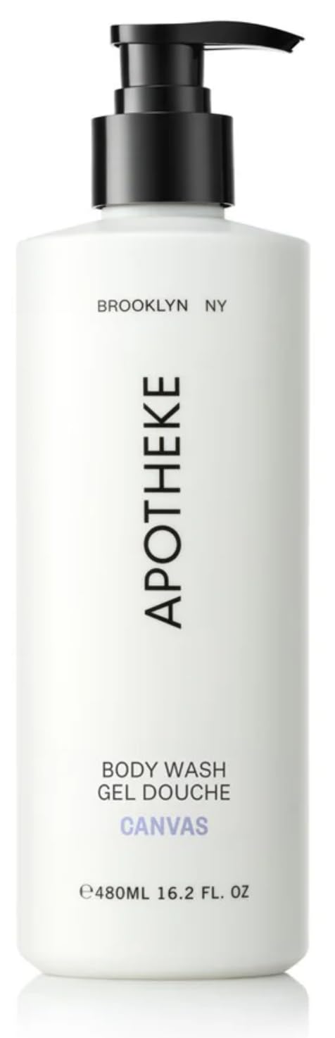 Fuzzion Apothekae Canvas Bath Gel Bottle, hydrating cleanse for silky skin after shower.