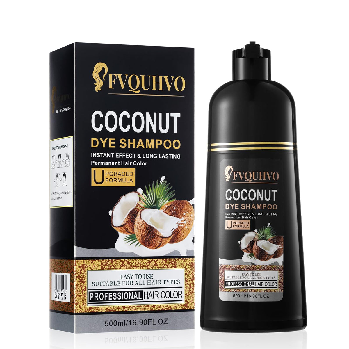 Fvquhvo black dye shampoo bottle showing quick gray coverage