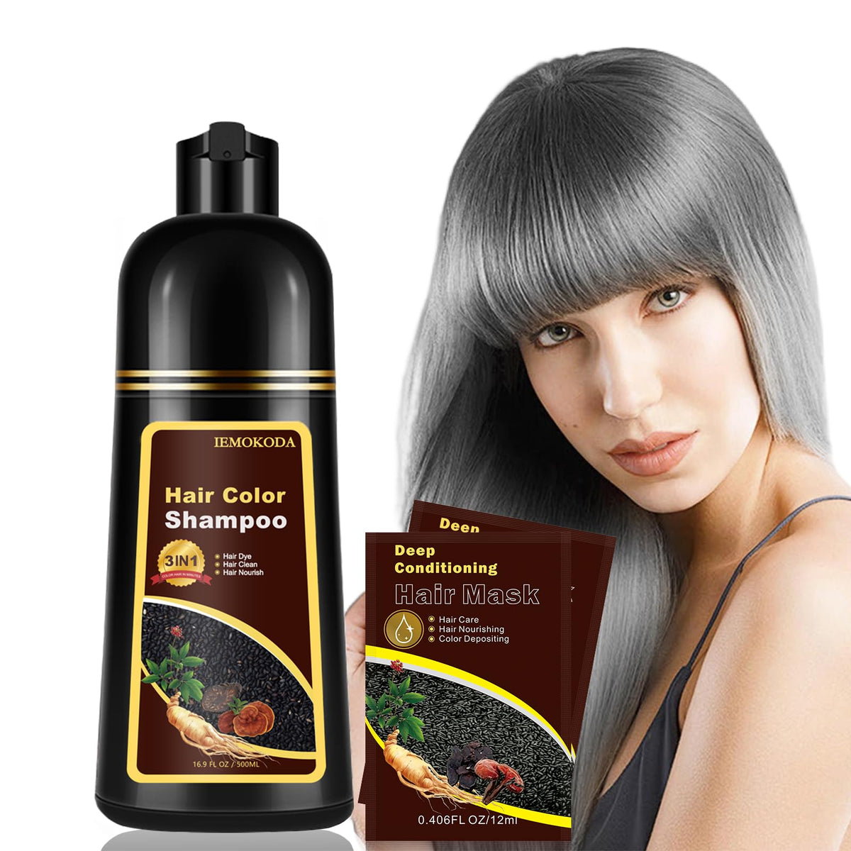 Fvquhvo Silver Gray Hair Dye Shampoo packaging and bottle for at-home use with easy handling