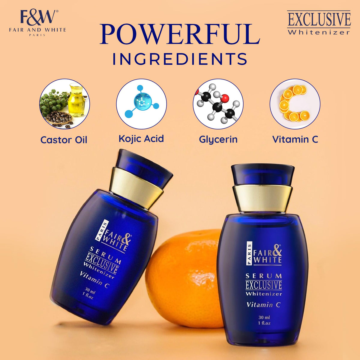 F&W Vitamin C serum bottle close-up highlighting premium formula