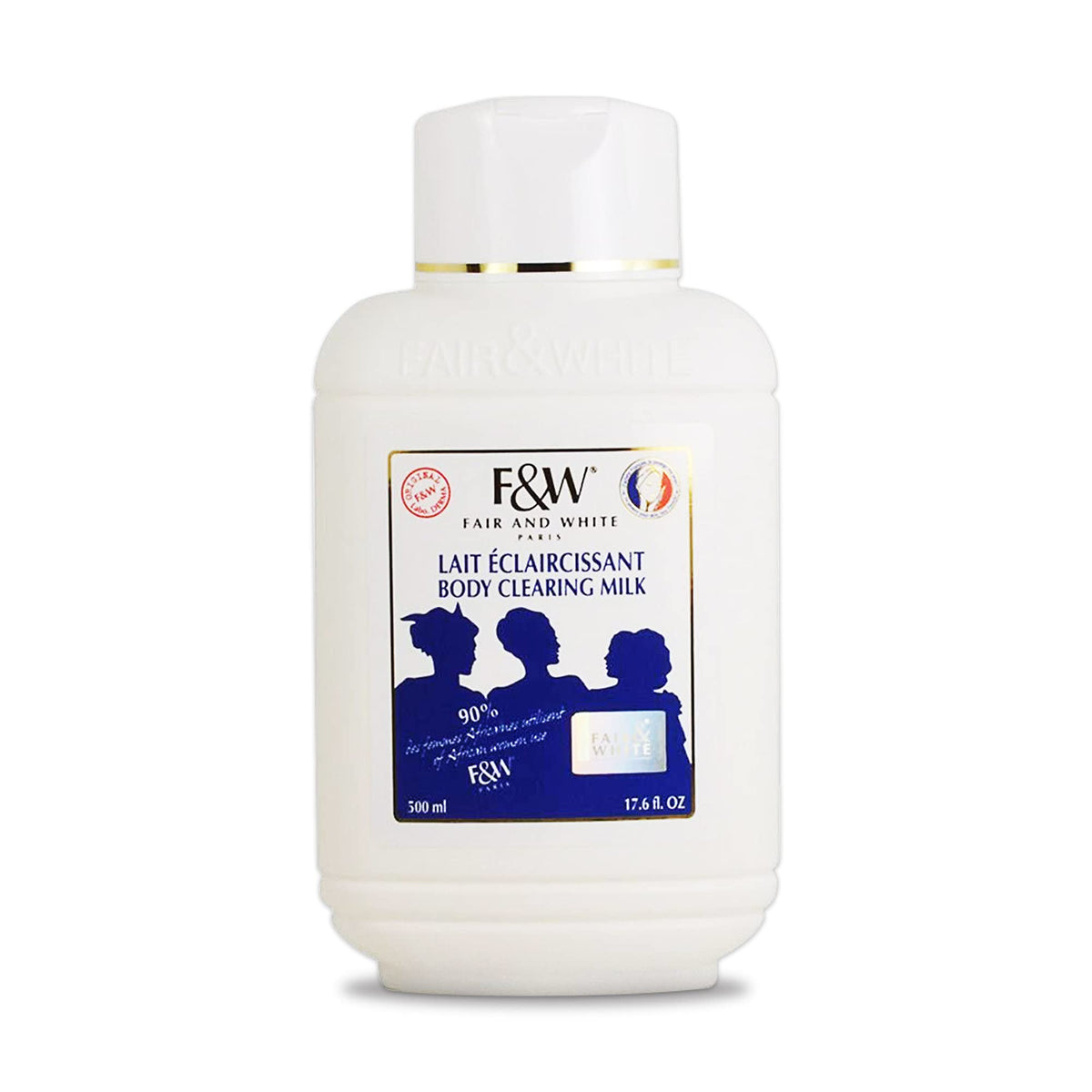 F&W Original Body Clearing Milk bottle close-up for nighttime use and even skin tone.